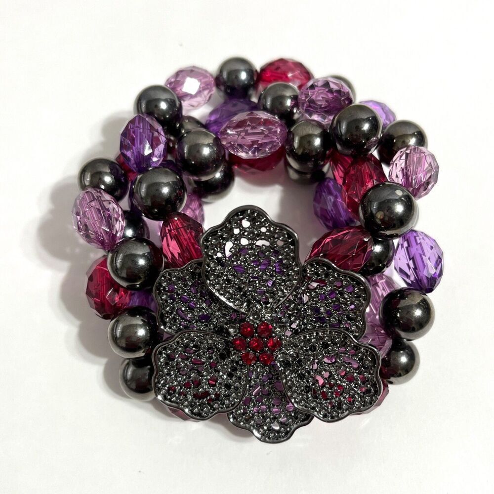 Gunmetal Flower Bracelet Purple Red Beaded Rhinestone Chunky Statement Stretch